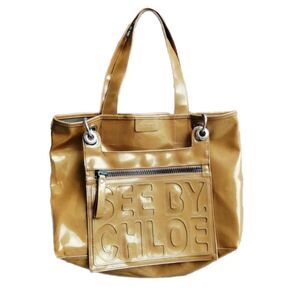 See by Chloé Gold Patent PVC Large Logo Tote Shoulder Bag Y2K Vintage